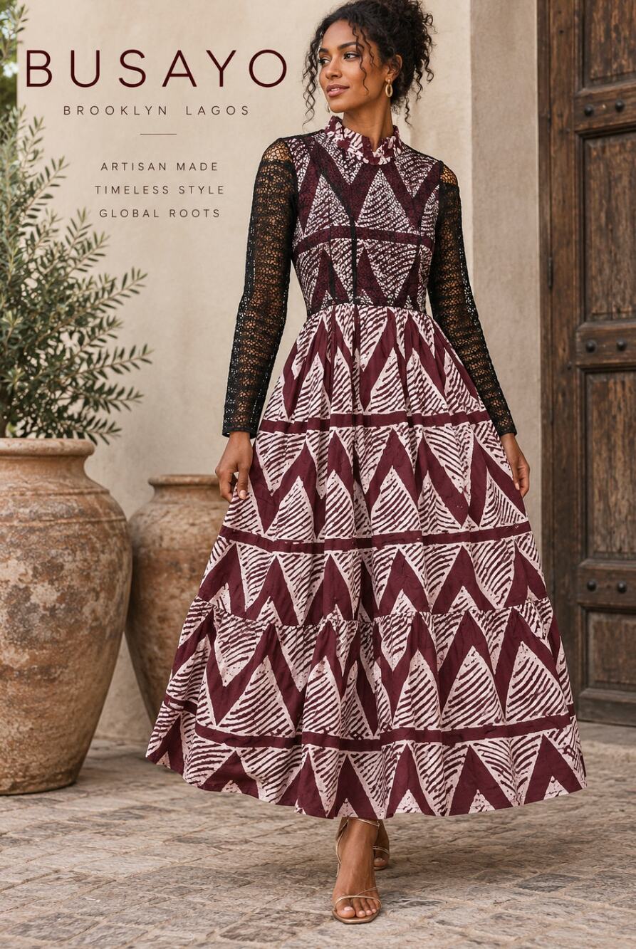Busayo Folaji Mesh Lace Dress L Burgundy Adire Print Cotton Made In Nigeria